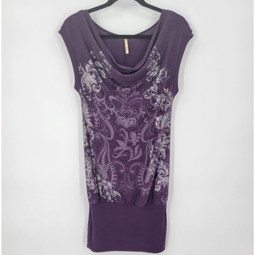 ENTRY Women's S Sleeveless Sweater Dress Mini Purple Paisley Shimmer Drape Neck